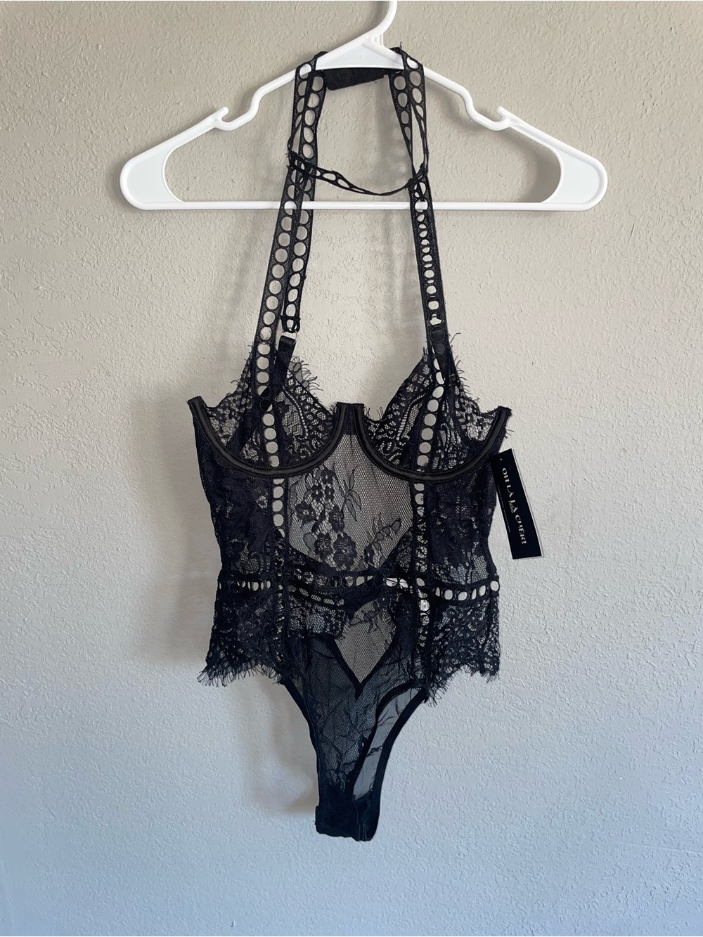 Sheer Lace Halter Bodysuit lingerie- Black